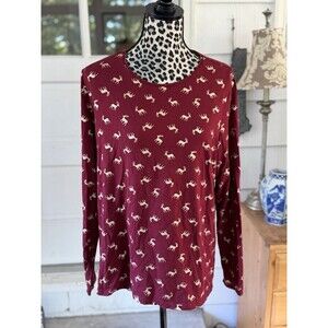 Lands End Cotton Blend Holiday Gold Multicolor Reindeer Shirt Long Sleeve Size L
